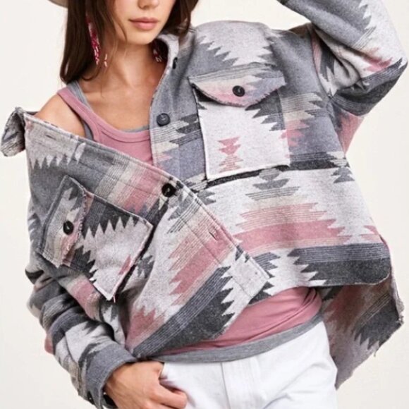 La Miel Aztec Gray & Pink Oversize Raw Hem Shacket Size M - Picture 1 of 9